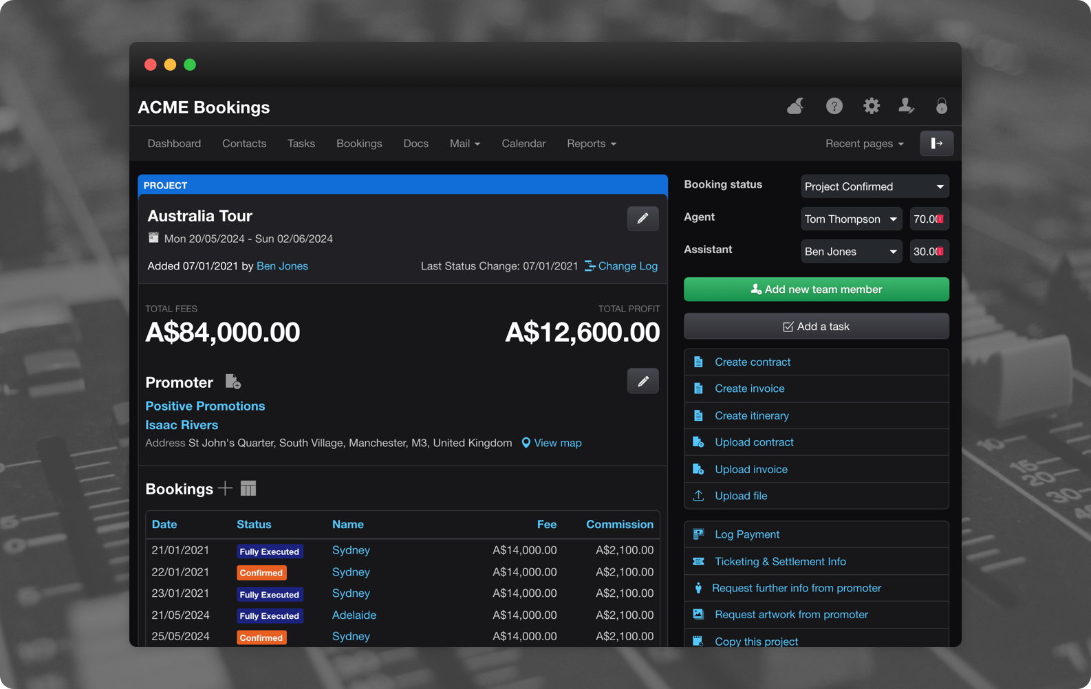 Overture Booking Agency Software Darkmode